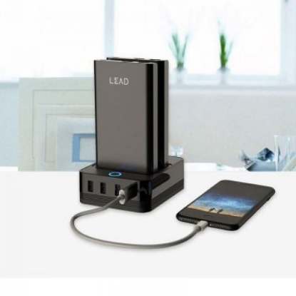 Picture of JC35QC charging station with two 10000 mAh portable batteries and QC3.0 fast charging