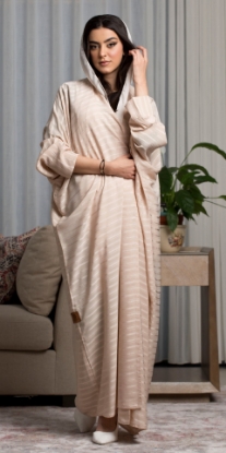 Picture of CL-0202 Abaya wide model beige stripes fabric